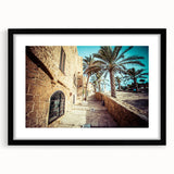 Extra large abstract art print of Tel Aviv with vibrant colors and textured appearance on a black framed canvas.