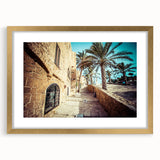 Extra large abstract art print of Tel Aviv skyline in textured gold frame, ideal for living room decor.