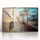 Large acrylic print of Tel Aviv skyline in gold and blue tones, framed and styled in mid-century modernist art.