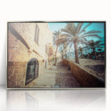 Mid-century modernist art depicting the Tel Aviv skyline in muted gray and silver tones on a framed acrylic print.