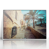 Art deco poster of Tel Aviv skyline in muted gray and blue tones on framed acrylic, ideal for modern bedroom ambiance.