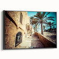 Black and white framed canvas of Tel Aviv landscape, ideal for bedroom wall art in a vintage poster style.