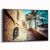 Black and white framed canvas of Tel Aviv landscape, ideal for bedroom wall art in a vintage poster style.