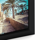 Extra large framed canvas featuring a textured, colorful depiction of Tel Aviv skyline, ideal for living room decor.