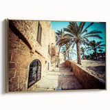 Framed canvas of Tel Aviv landscape in vintage poster style with black and gold tones, ideal for bedroom wall art.