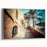 Framed canvas of Tel Aviv landscape art painting featuring vibrant hues and vintage poster style.