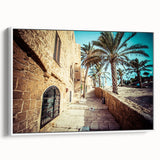 Vintage poster art of Tel Aviv skyline in vibrant colors on a large framed canvas, ideal for living room decor.