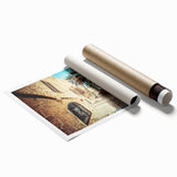 Extra large rolled print of Tel Aviv scenery with floral elements in soft pastel colors.