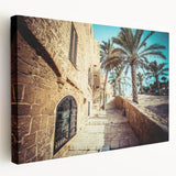 Tel Aviv skyline on stretched canvas, featuring muted earth tones, ideal for kitchen wall art.