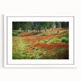 Abstract art print of a Middle Eastern scenery in muted earth tones on a framed white mat.