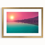 Extra large abstract art print of a Middle Eastern desert scene in gold and beige tones, framed with mat.