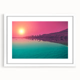 Abstract art print of a Middle Eastern landscape in muted earth tones on a white-framed mat.