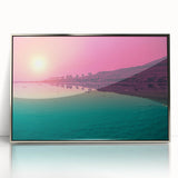 Mid-century modernist art depicting a scenic view of Jordan in silver-framed acrylic, ideal for modern art wall decor.