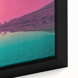Framed canvas featuring a textured depiction of a Middle Eastern scenery in black with colorful accents.