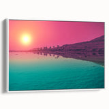 Vintage poster art of a Middle Eastern scenery on a large framed canvas with vibrant colors, suitable for living room decor.