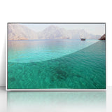 Acrylic print of an art deco-style Oman scenery, with neutral and earthy tones, framed in white.