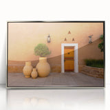 Mid-century modernist acrylic print of a Saudi Arabian landscape in muted earth tones, ideal for nursery wall decor.