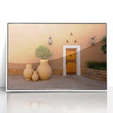 Art deco style poster of a Saudi Arabian landscape in muted earth tones, framed acrylic, ideal for modern art wall decor.