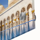 Large abstract wall art of Abu Dhabi skyline in muted earth tones on acrylic glass, suitable for dining room ambiance.