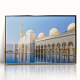 Framed acrylic print of Abu Dhabi skyline in muted gold and blue tones, ideal for modern art wall decor.