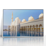 Art Deco-style poster of Abu Dhabi skyline in muted gray and blue tones, framed acrylic, ideal for modern art wall decor.