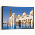 Black and white wall art featuring a landscape of Abu Dhabi, printed on framed canvas, ideal for bedroom decor.
