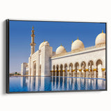 Black and white wall art featuring a landscape of Abu Dhabi, printed on framed canvas, ideal for bedroom decor.