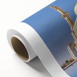 Art deco poster of Abu Dhabi skyline in pastel shades on rolled canvas, ideal for nursery wall art.