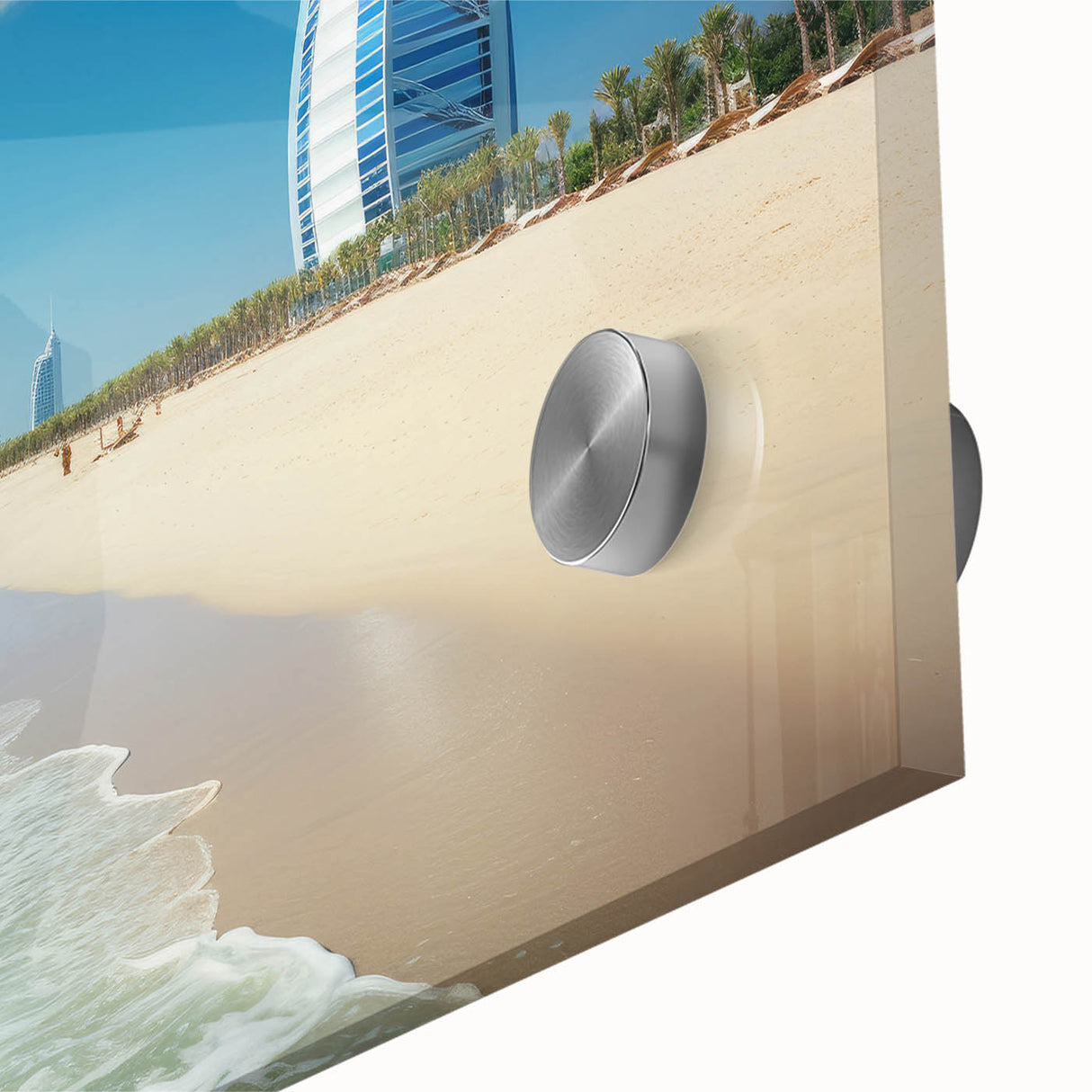 Large abstract wall art of Burj Al Arab in muted blue tones on acrylic glass, ideal for dining room ambiance.