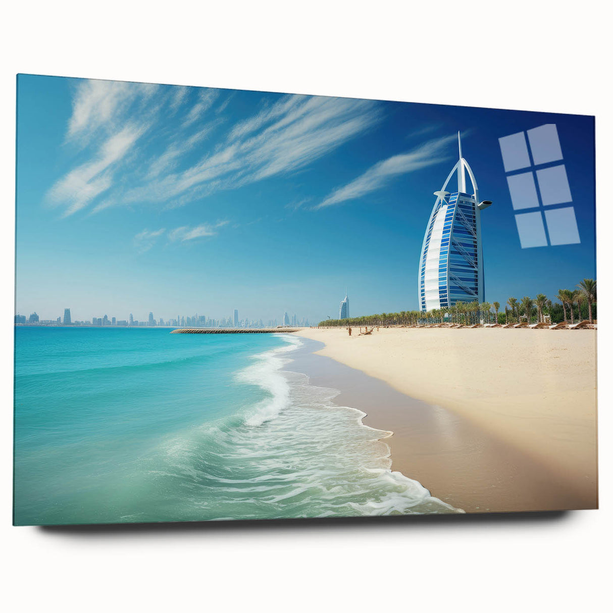 Acrylic print of Burj Al Arab with soft blue and white tones, ideal for bedroom or dining room art.