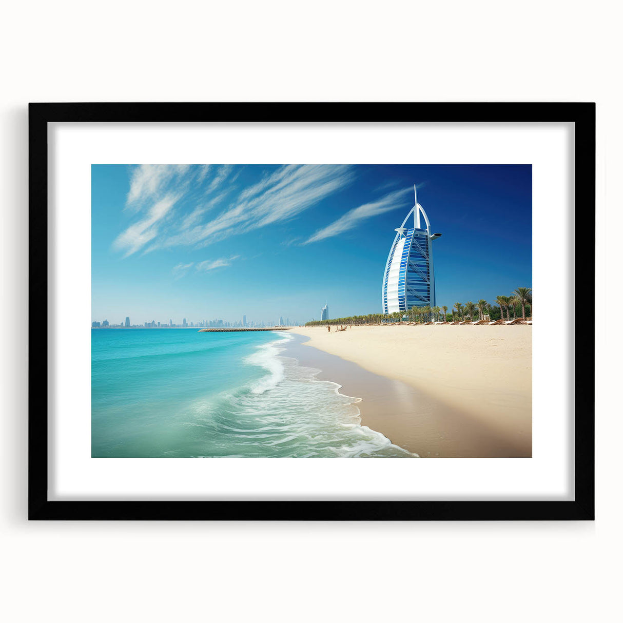 Extra large abstract art print of a colorful, textured depiction of the Burj Al Arab, on a black framed canvas.