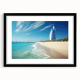 Extra large abstract art print of a colorful, textured depiction of the Burj Al Arab, on a black framed canvas.