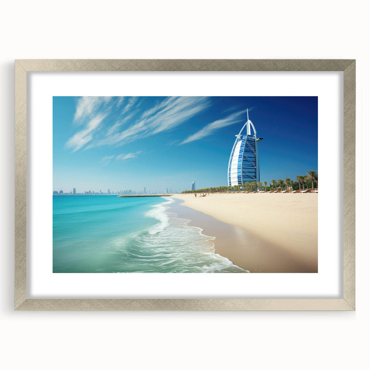 Textured art print of Burj Al Arab in muted gray and blue tones on a framed poster, suitable for modern bedroom decor.