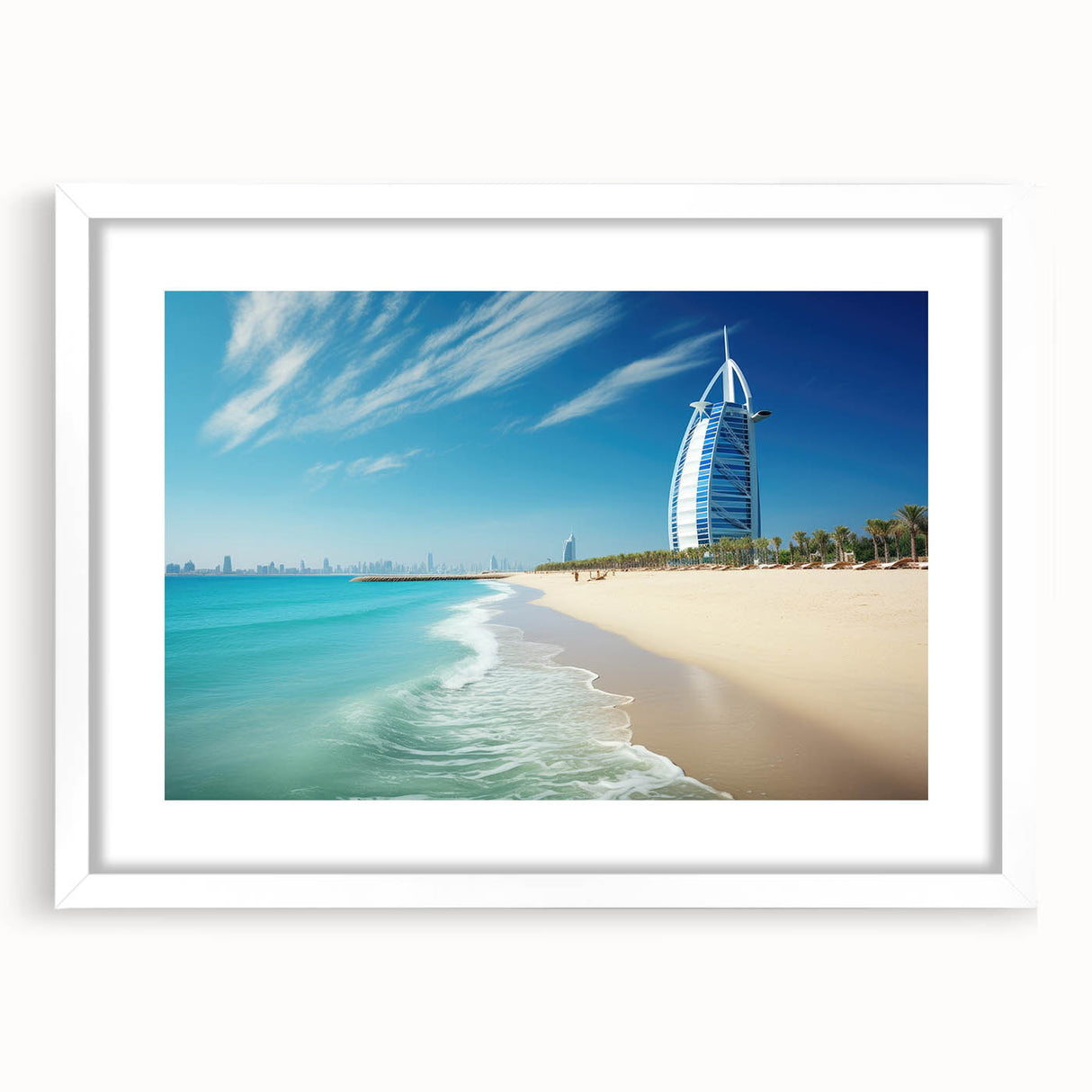 Abstract art print of the Burj Khalifa in muted gray and blue tones, framed in white.