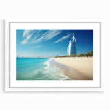 Abstract art print of the Burj Khalifa in muted gray and blue tones, framed in white.