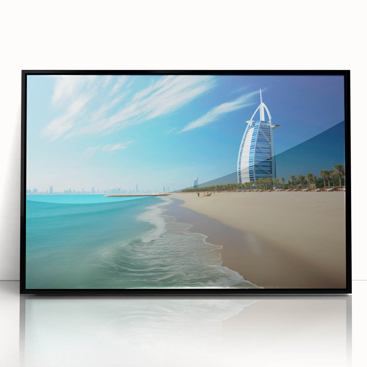 Large abstract wall art of the Burj Al Arab in muted blue and gray tones, framed in black acrylic.