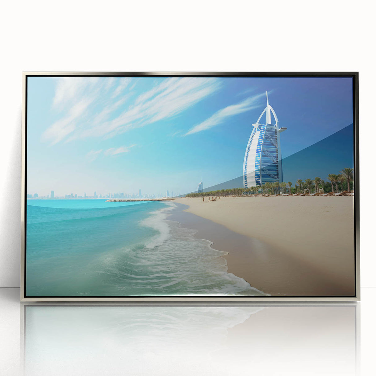 Mid-century modernist art depicting the Burj Al Arab in muted metallic tones on a framed acrylic panel.