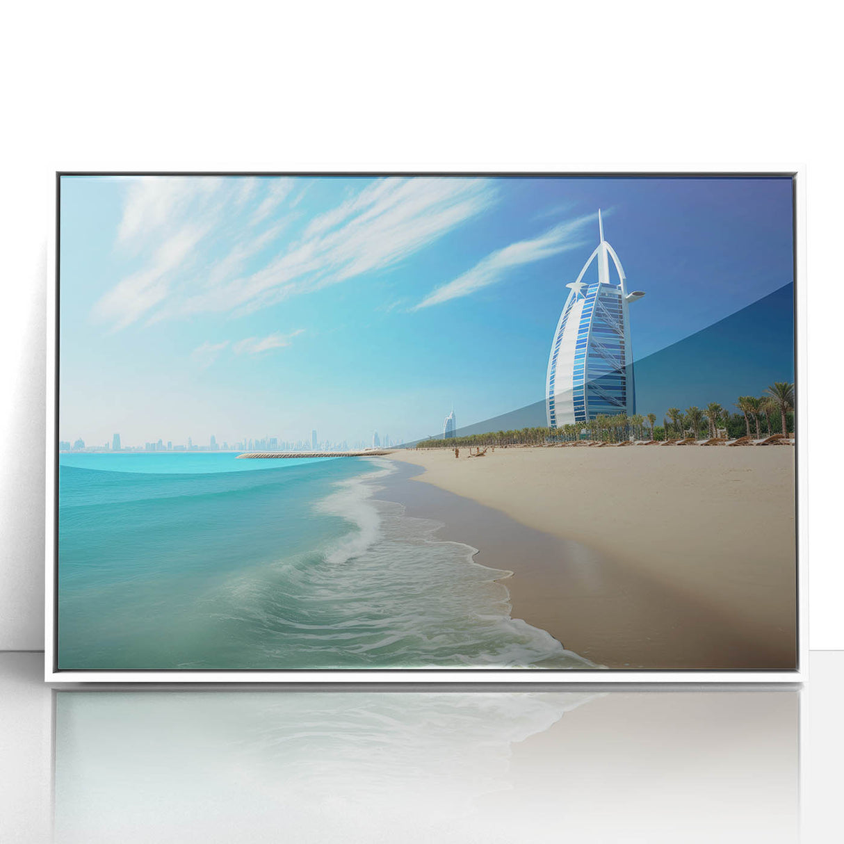 Art deco poster of Burj Al Arab with muted blue and white tones on framed acrylic, suitable for modern nursery decor.