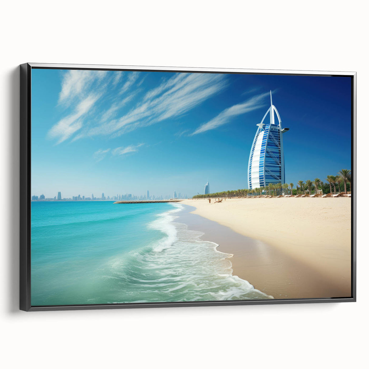 Black and white framed canvas of the Burj Al Arab in a vintage poster style, ideal for bedroom wall decor.