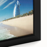 Extra large framed canvas featuring a textured black depiction of the Burj Al Arab, highlighted with colorful accents.