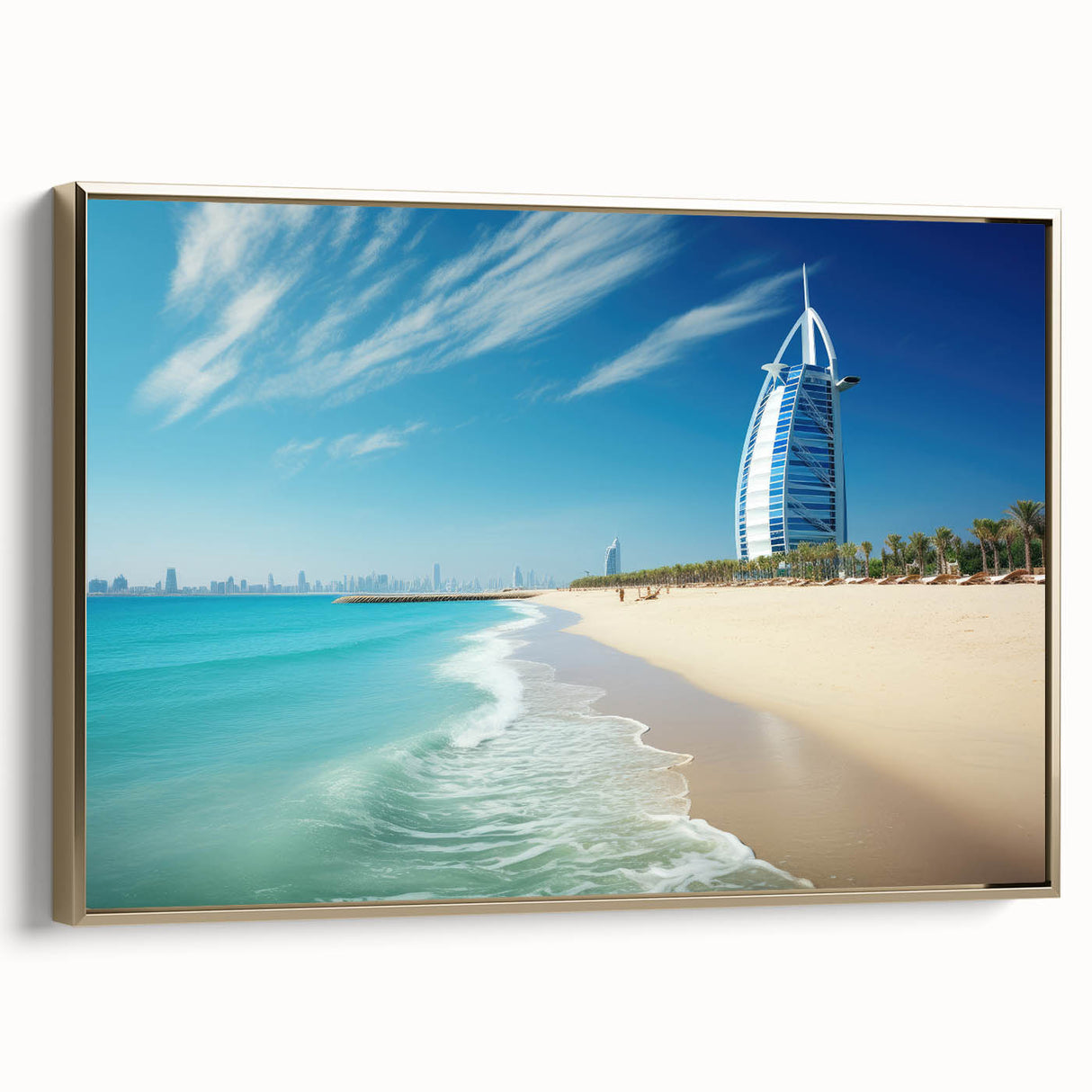 Framed canvas featuring a landscape painting of the Burj Al Arab in muted gold and black tones, ideal for bedroom wall art.