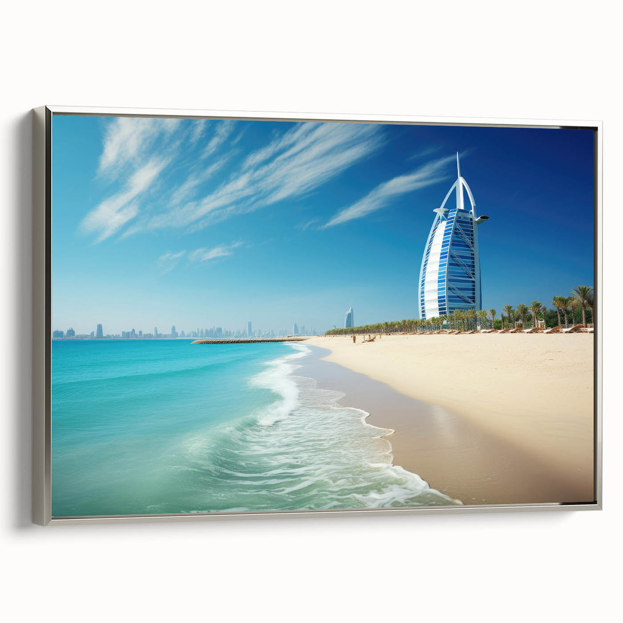 Framed canvas landscape art painting featuring the Burj Al Arab in muted silver and black tones.
