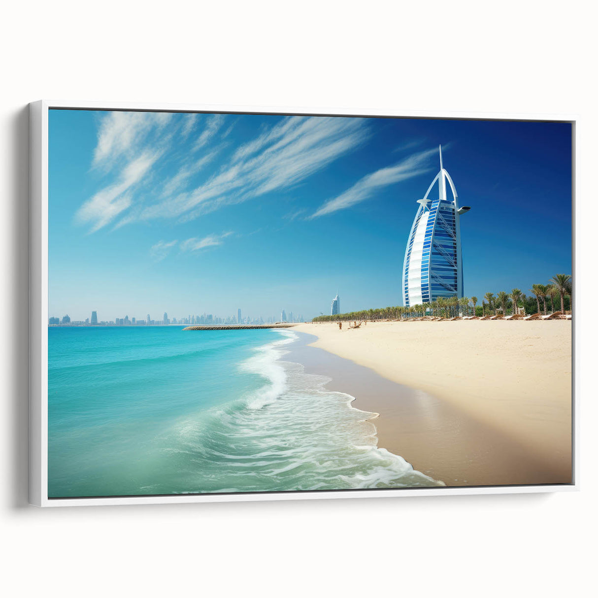 Vintage poster art of Burj Al Arab with colorful, abstract background on a large framed canvas, ideal for living room decor.