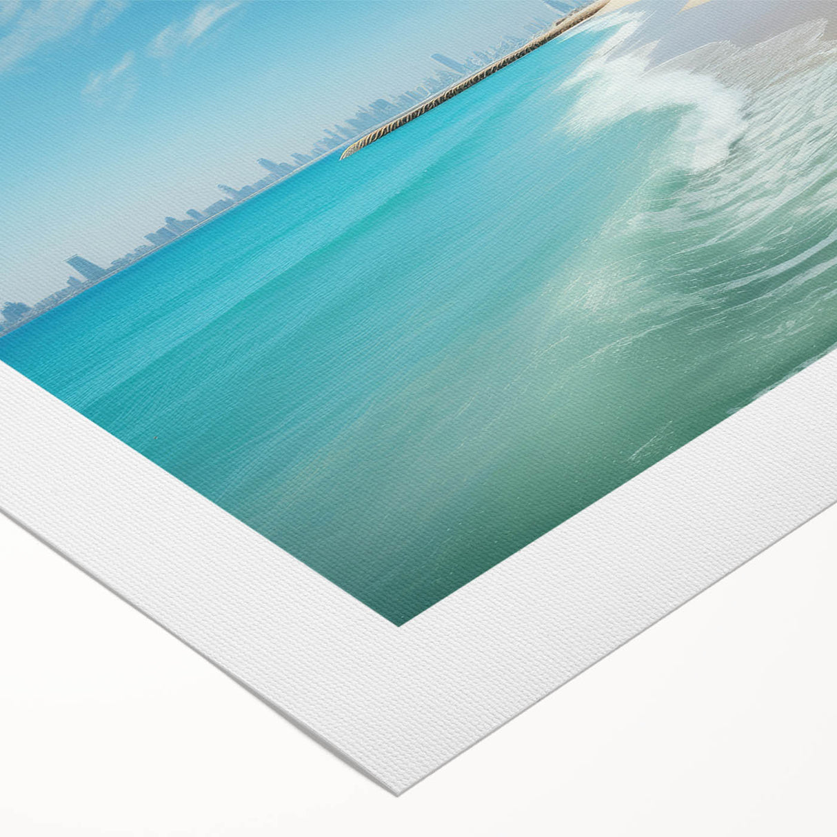 Art deco poster of the Burj Al Arab in muted gold and blue tones on rolled canvas, suitable for dining room wall art.