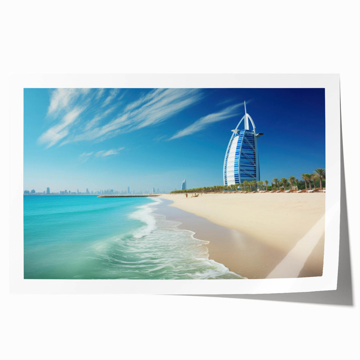 Extra large rolled print depicting the Burj Al Arab with a floral foreground in muted tones, ideal for dining room wall art.