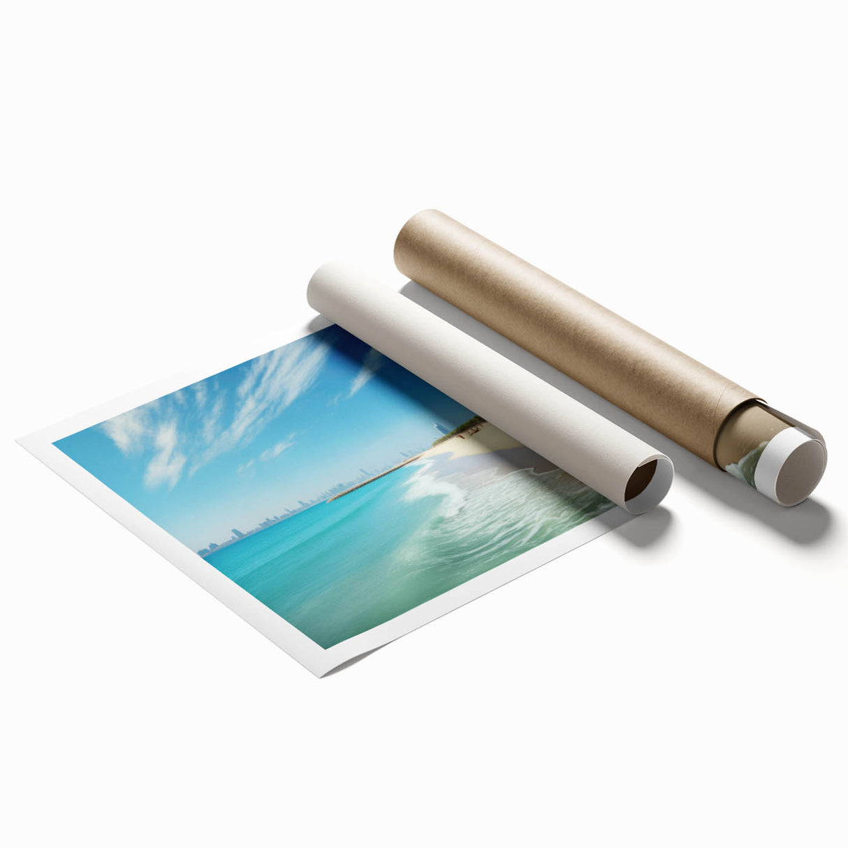 Extra large rolled print of the Burj Al Arab with muted blue and white tones, ideal for classy bathroom wall art.