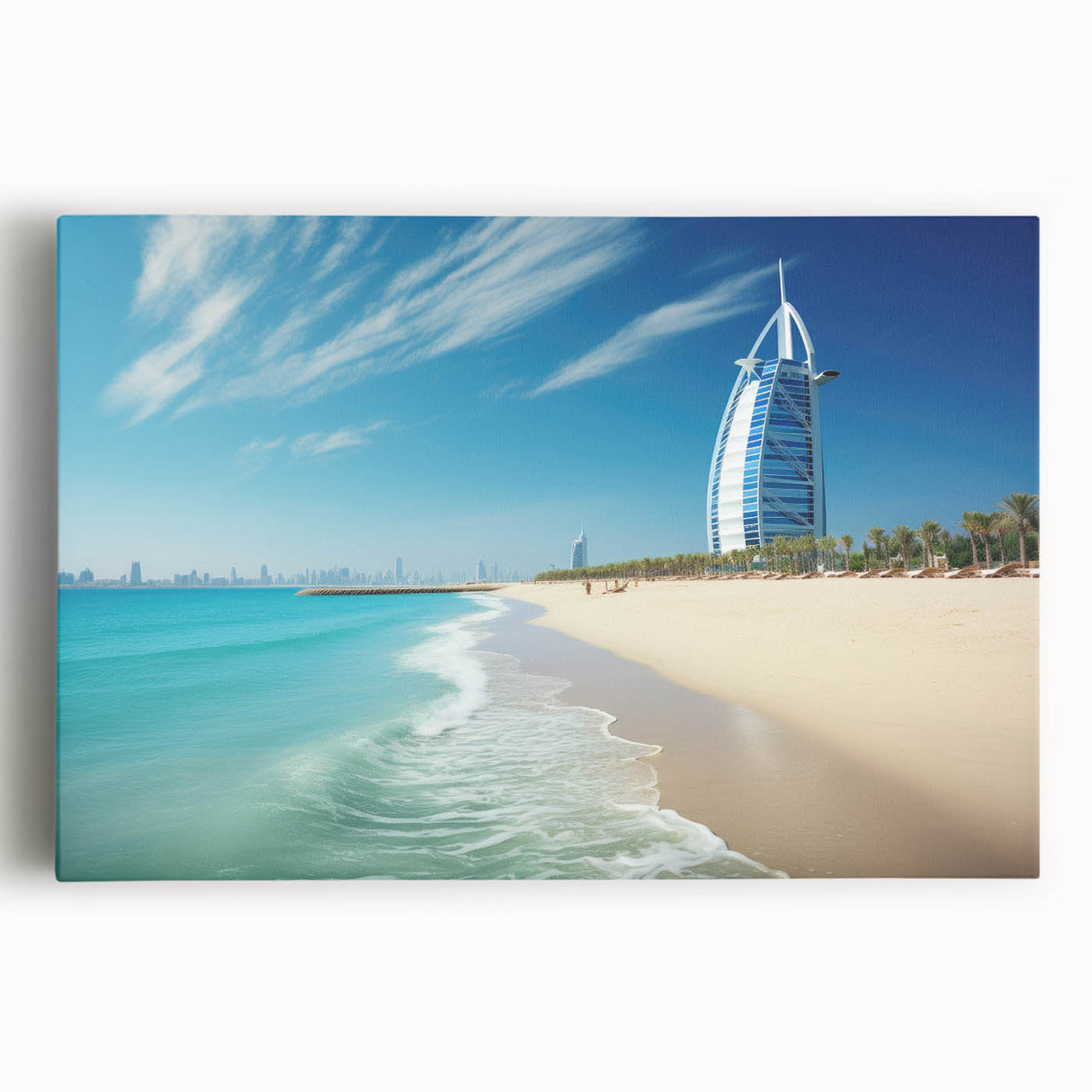 Black and white photo of Burj Al Arab on a stretched canvas, ideal for kitchen wall art.