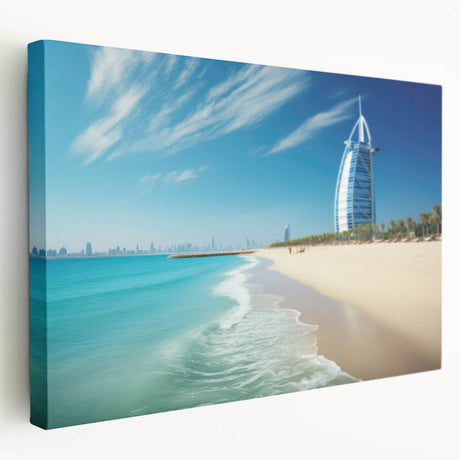 Large canvas wall art of the Burj Al Arab with muted blue and beige tones, suitable for kitchen decor.