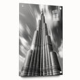Acrylic print of the Burj Khalifa in muted gray tones, ideal for modern living room or dining room decor.