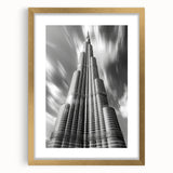 Extra large abstract art print of Burj Khalifa in textured gold tones on a framed canvas, suitable for living room decor.